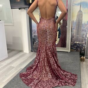 Jovani Backless Burgundy Lace Dress